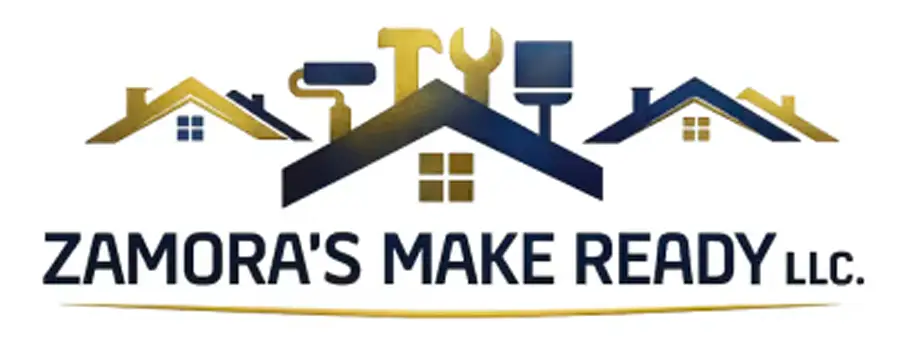 Logo for Zamora’s Make Ready LLC, featuring house roof shapes, windows, and tools like a paint roller, wrench, and putty knife in gold and blue tones above the company name.